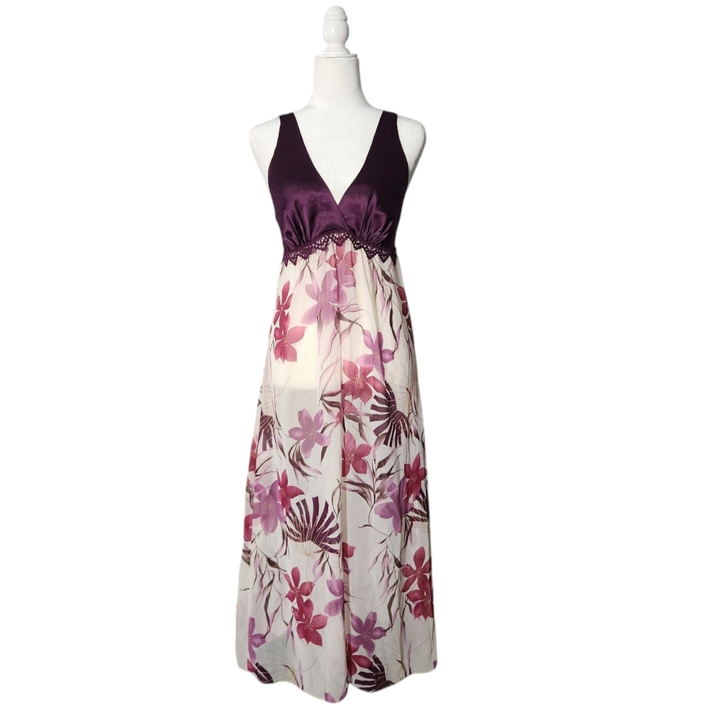 Y2K Gilligan & O'malley Sleepwear Floral Purple Sheer Maxi Nightgown Dress